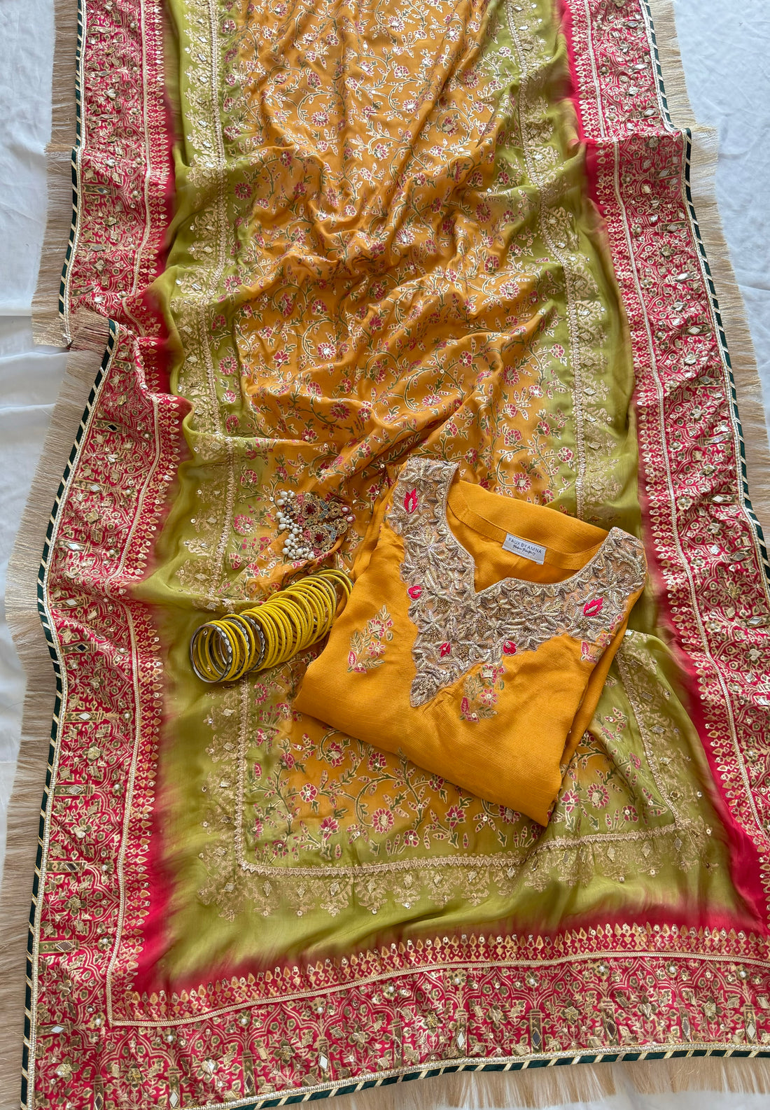 Stitched Mayoun Yellow Raw Silk Set