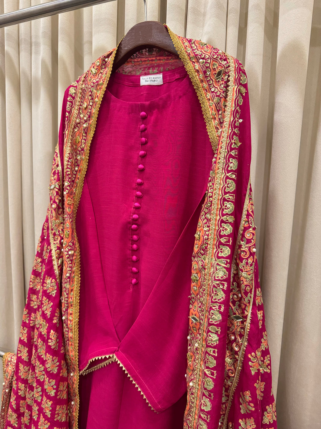 Stitched Shocking Pink Raw Silk Set