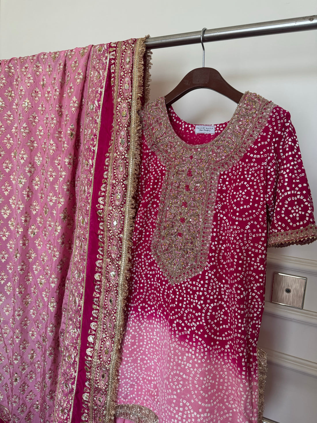 Stitched Chunri Shocking Pink Suit