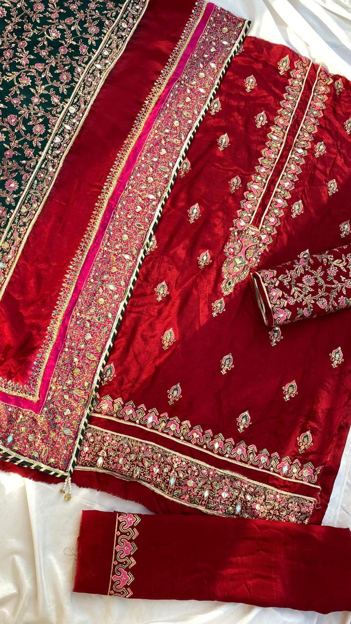 Maroon with Multi Dupatta Raw Silk Set