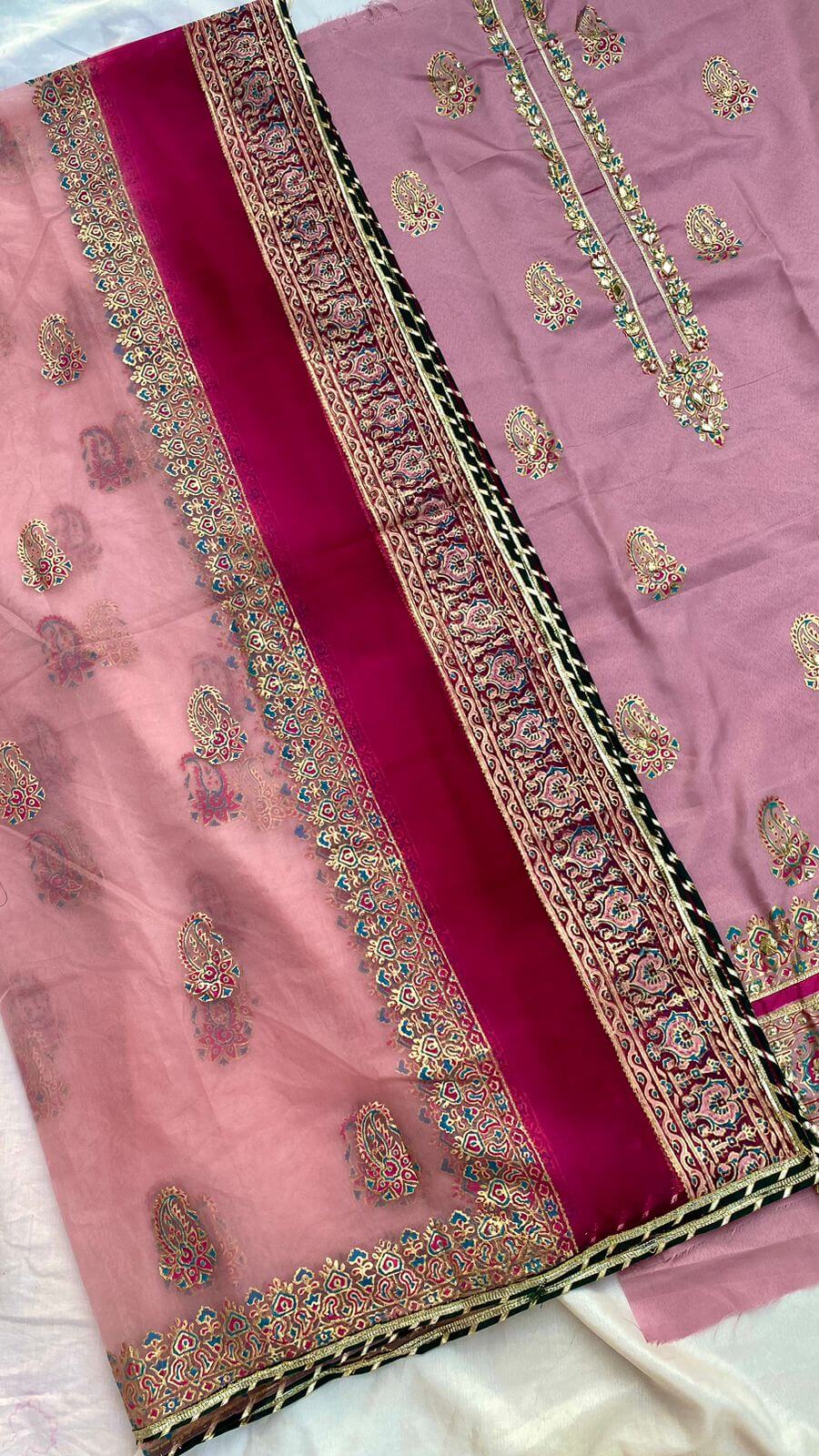 Kobi Pink Double Shaded Embellished Katan Silk Suit