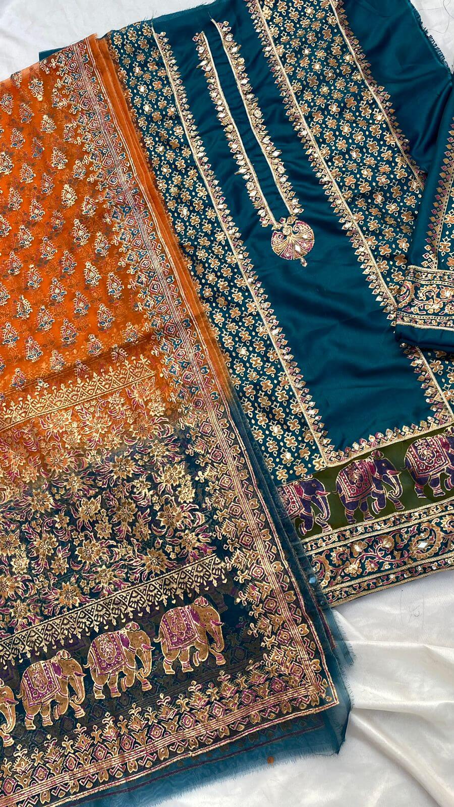 Teal Blue & Double Shaded Elephant Katan Silk Suit
