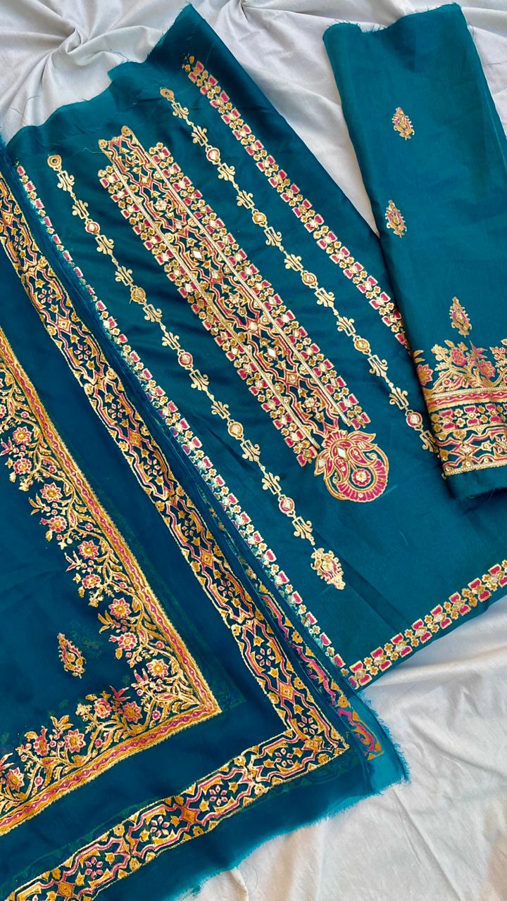 Embellished Katan Silk Teal Suit