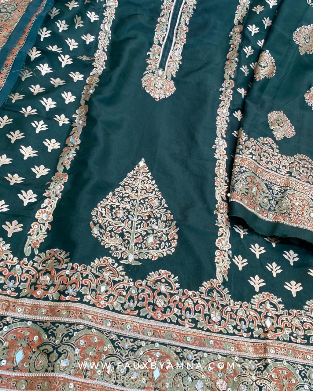Bottle Green Embellished Silk Suit