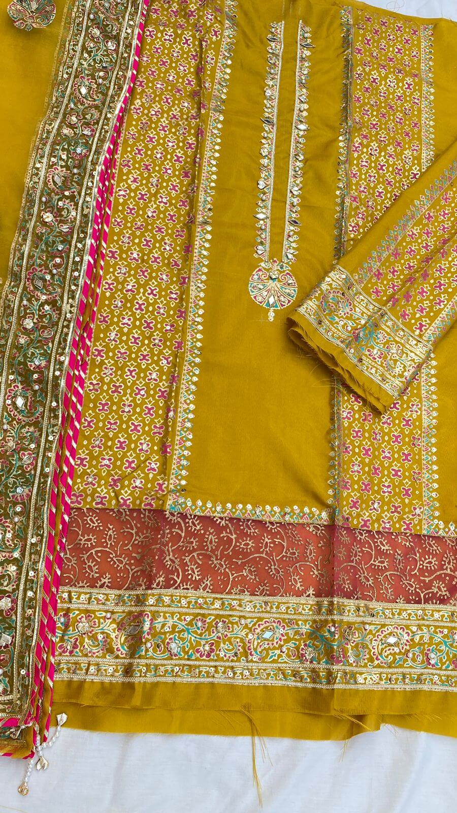 Embellished Katan Silk Mustard Suit