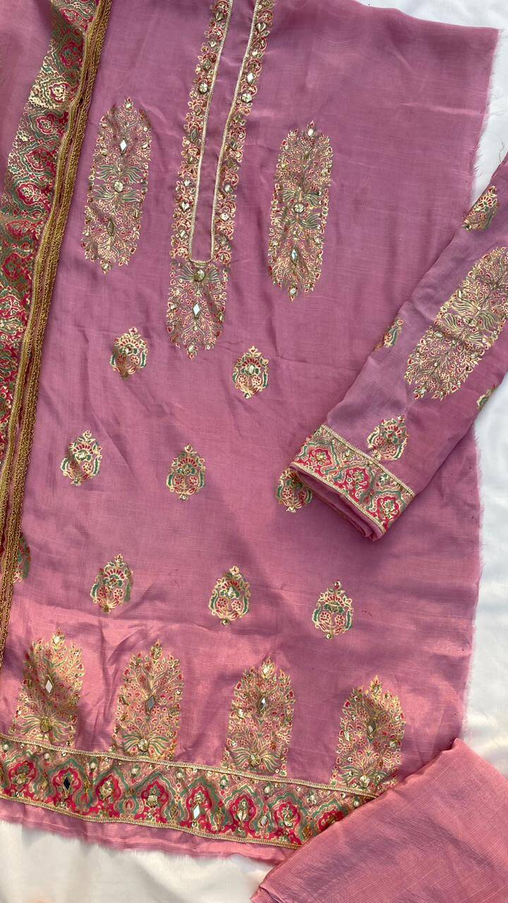 Pearl Pink Embellished Raw Silk Set