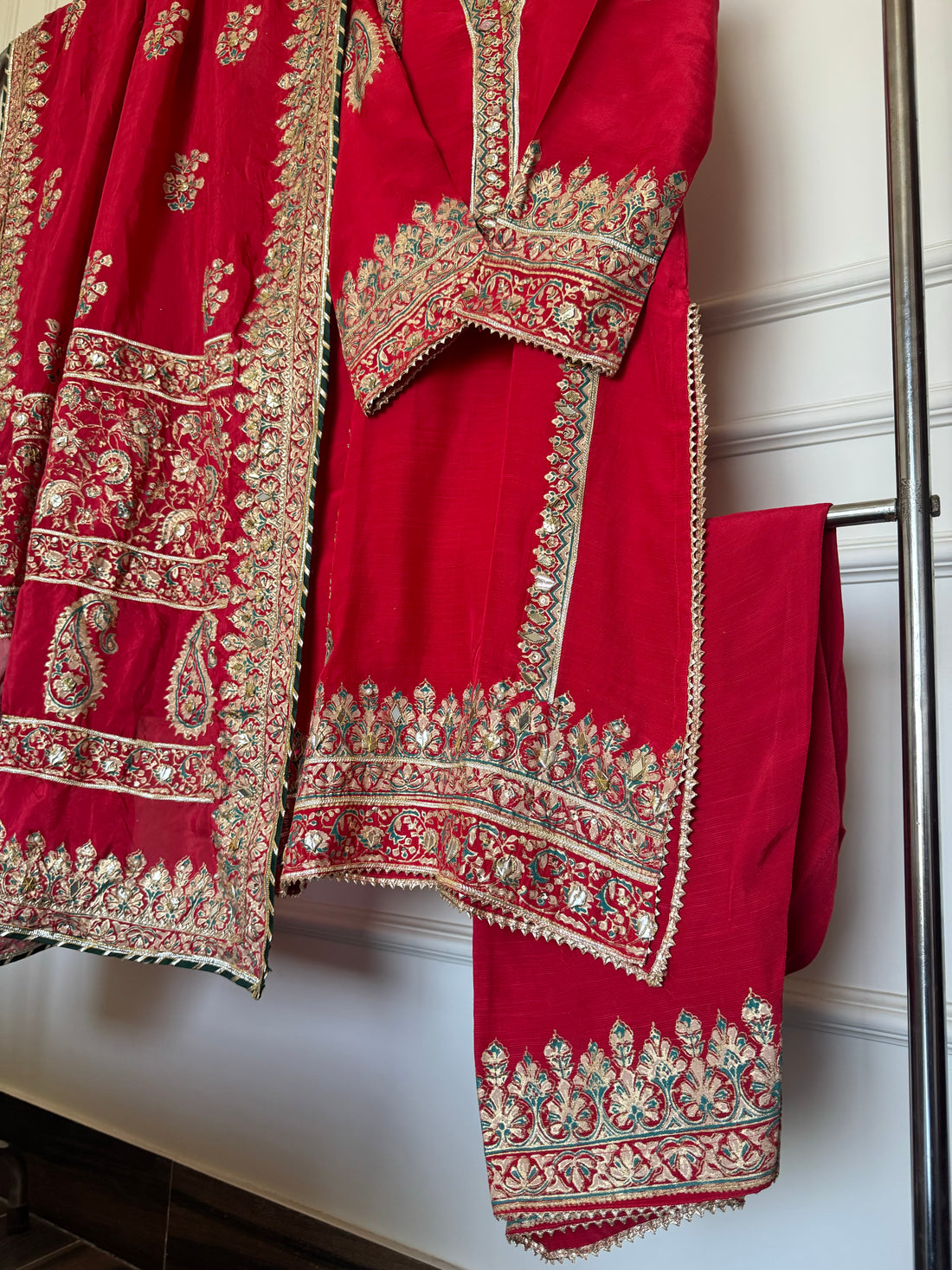 Stitched Blood Red Raw Silk Set