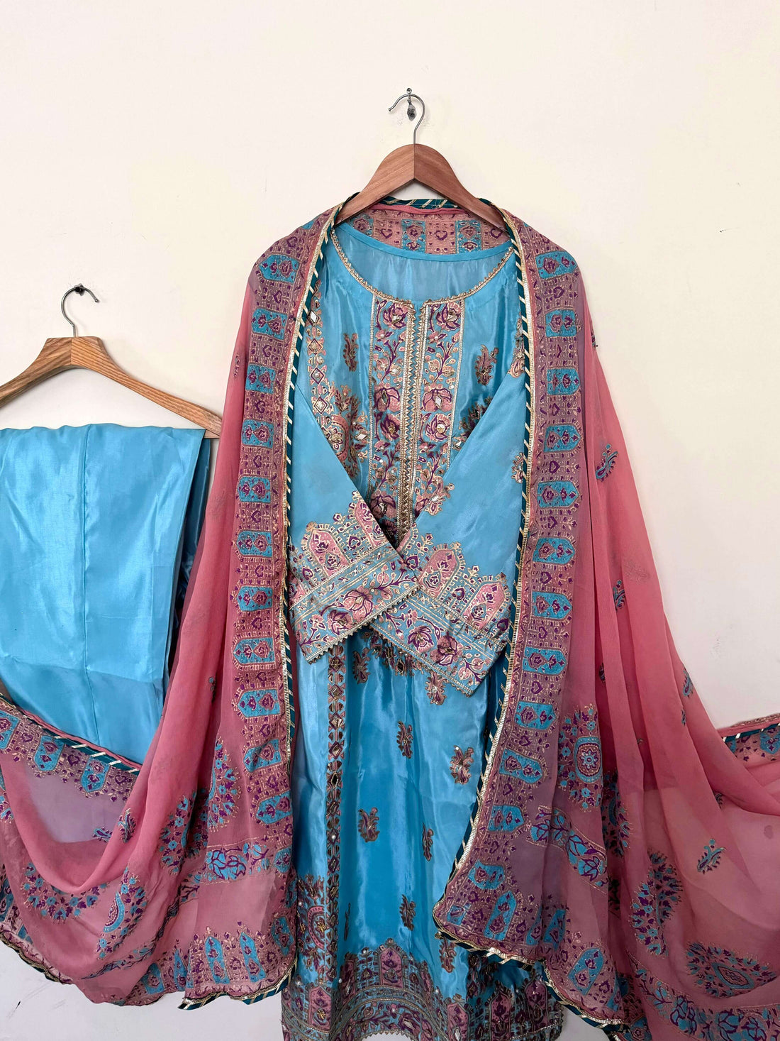 Stitched Katan Silk Ice blue & Peach set