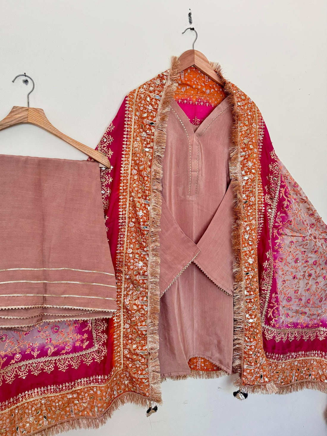 Stitched Dark Beige & Pink Shaded Dupatta Raw Silk Suit