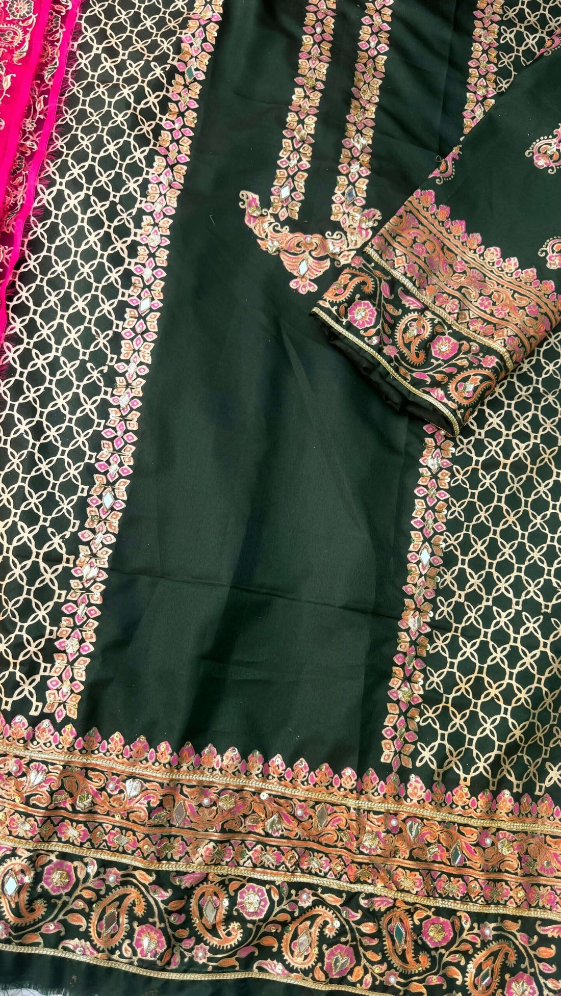 Dark Green Embellished Raw Silk Suit