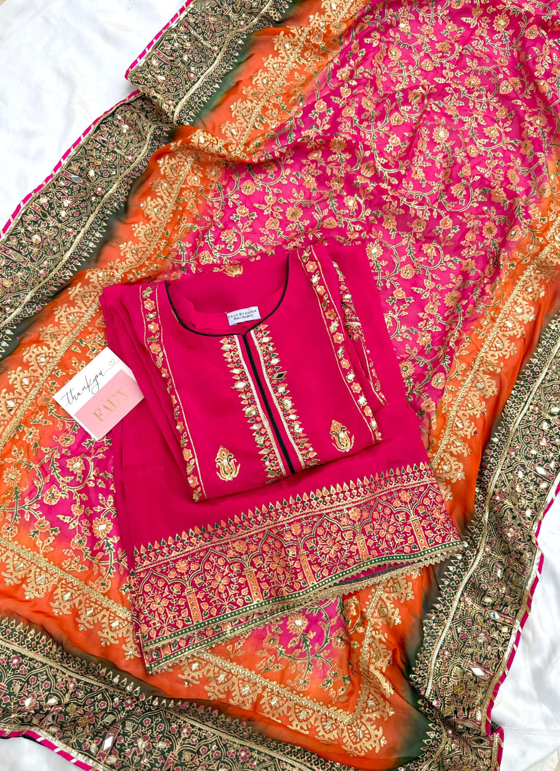 Stitched Shocking Pink Three Shaded Dupatta Raw Silk Suit