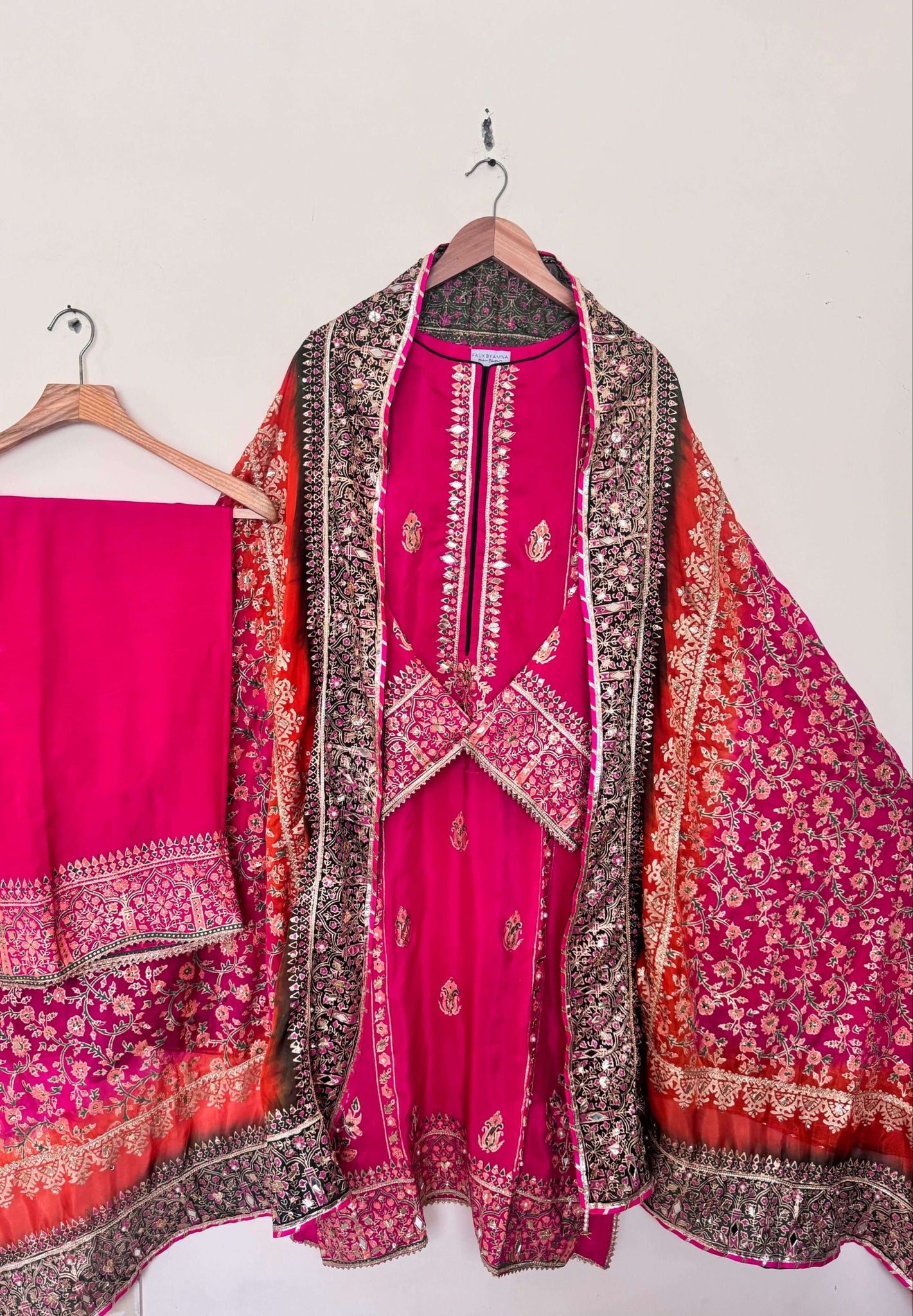 Stitched Shocking Pink Three Shaded Dupatta Raw Silk Suit