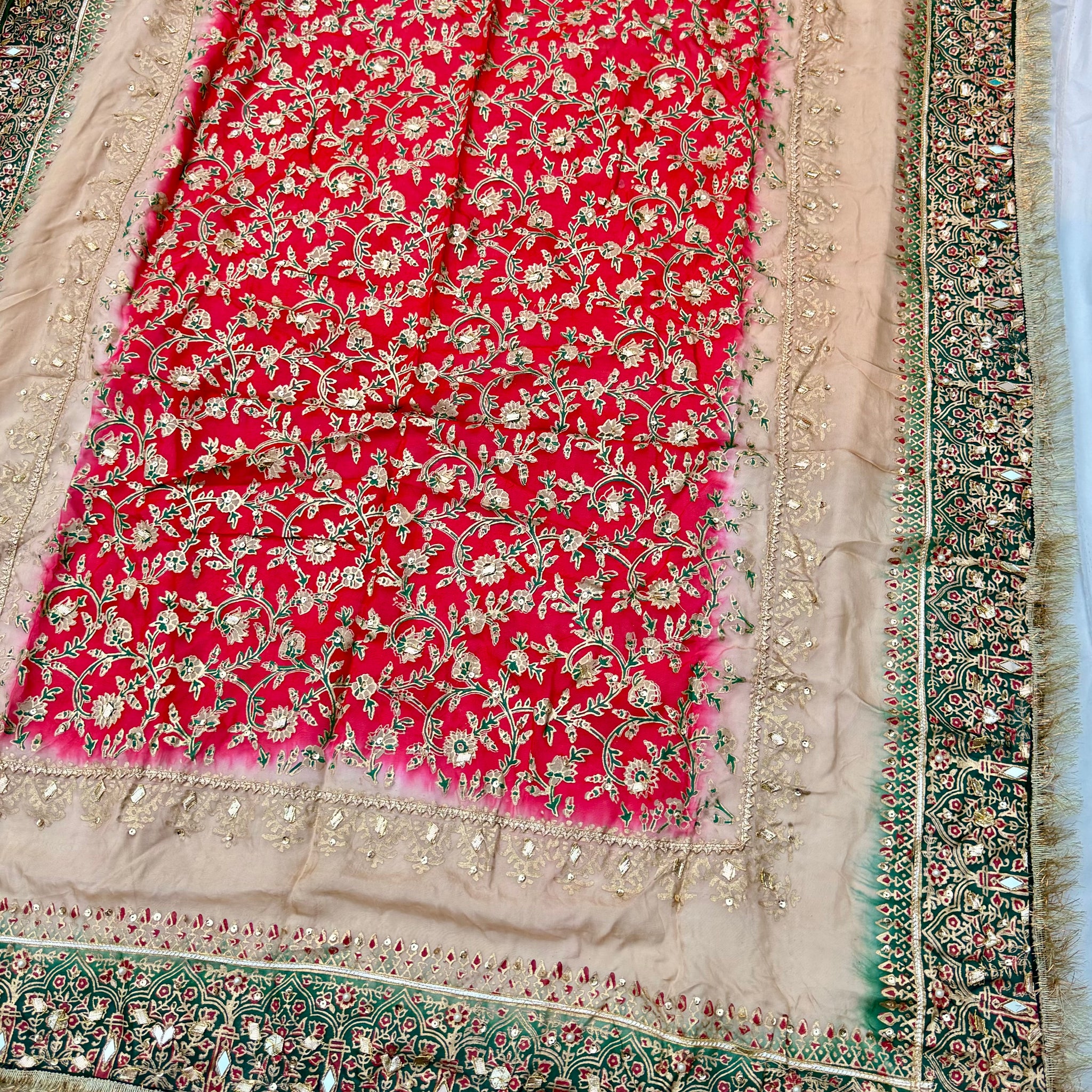 Red & Green Multi China Silk Dupatta