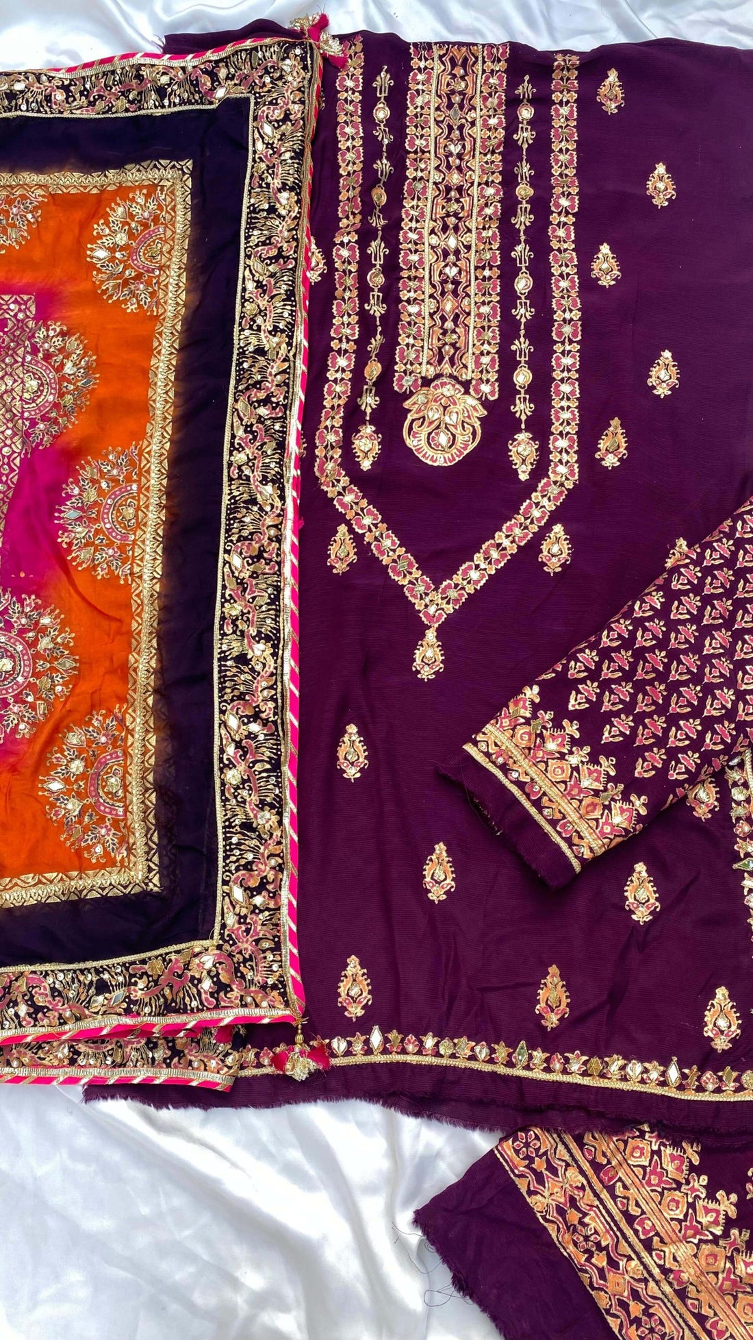 Purple Multi Dupatta Raw Silk Set