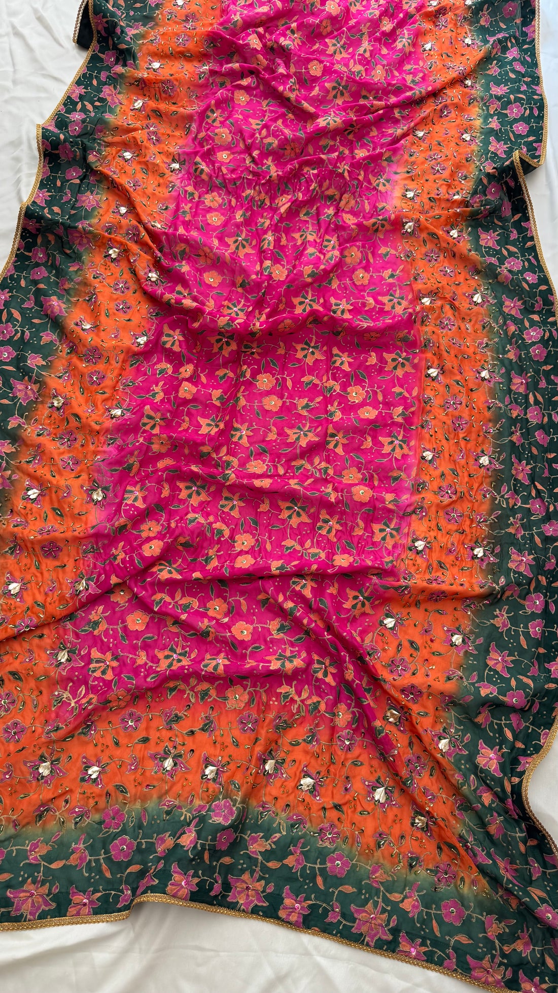 Three-Shaded Pink, Orange & Green Silk Dupatta