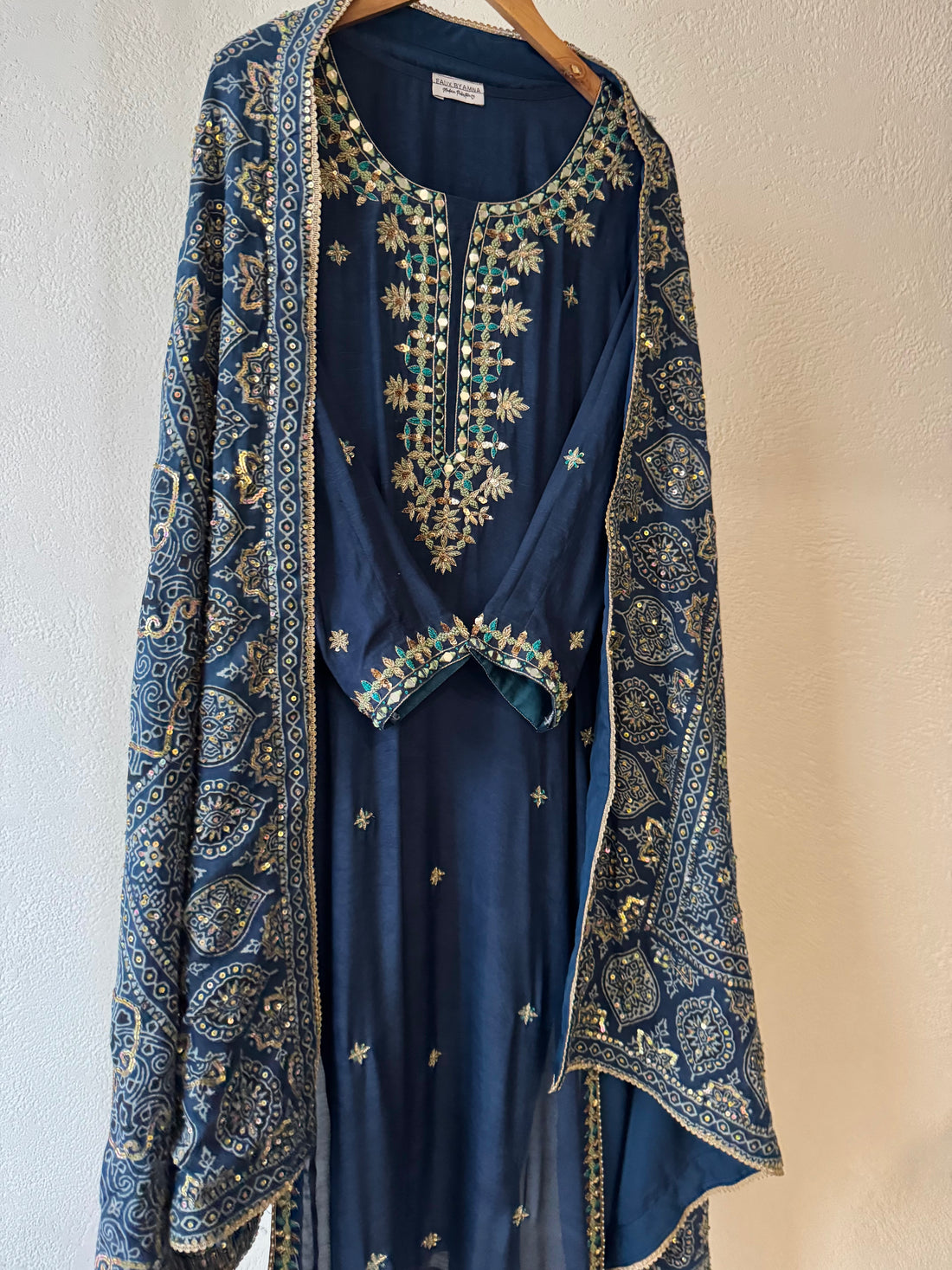 Stitched Indigo Blue Ajrak Zardosi Set