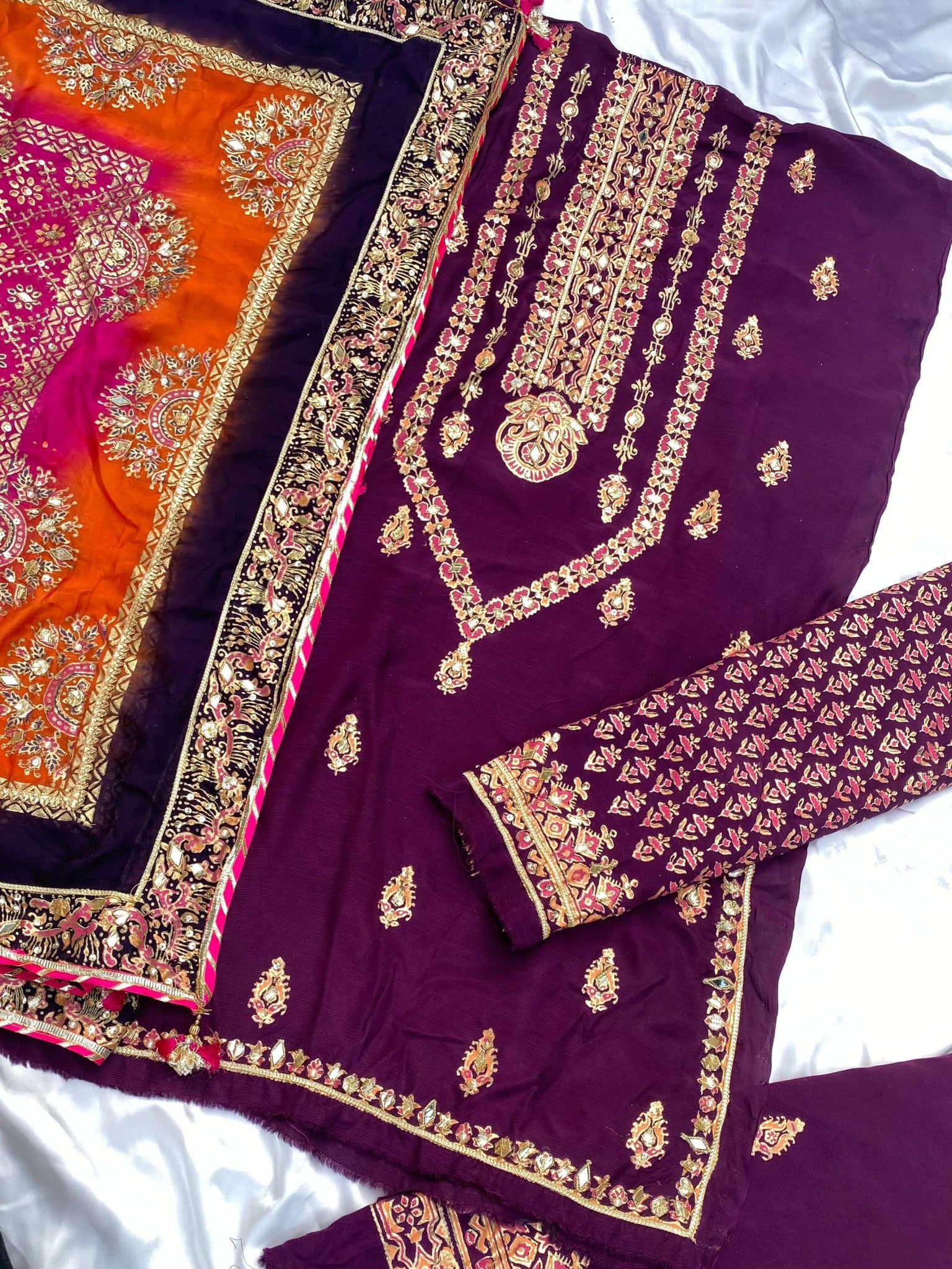 Purple Multi Dupatta Raw Silk Set