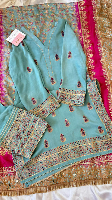 Stitched Sky Blue Raw Silk Suit