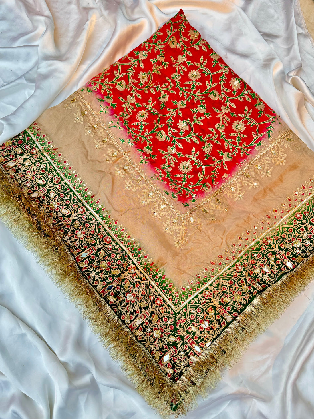 Red & Green Multi China Silk Dupatta