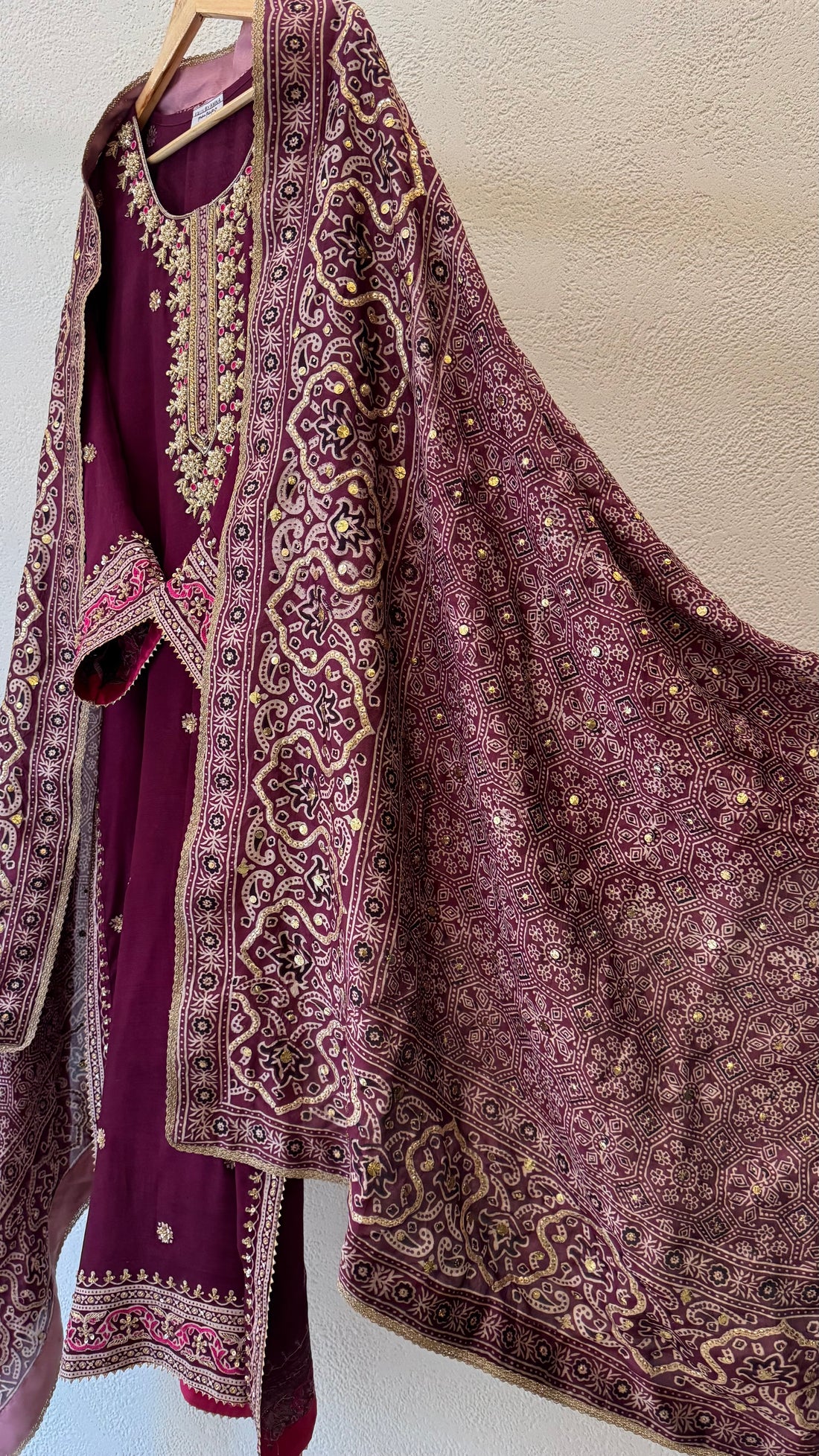 Stitched Mulberry Purple Ajrak Zardozi Set