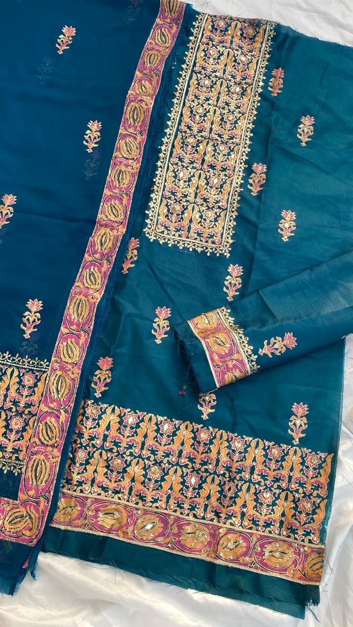 Zinc Blue Embellished Katan Silk Suit