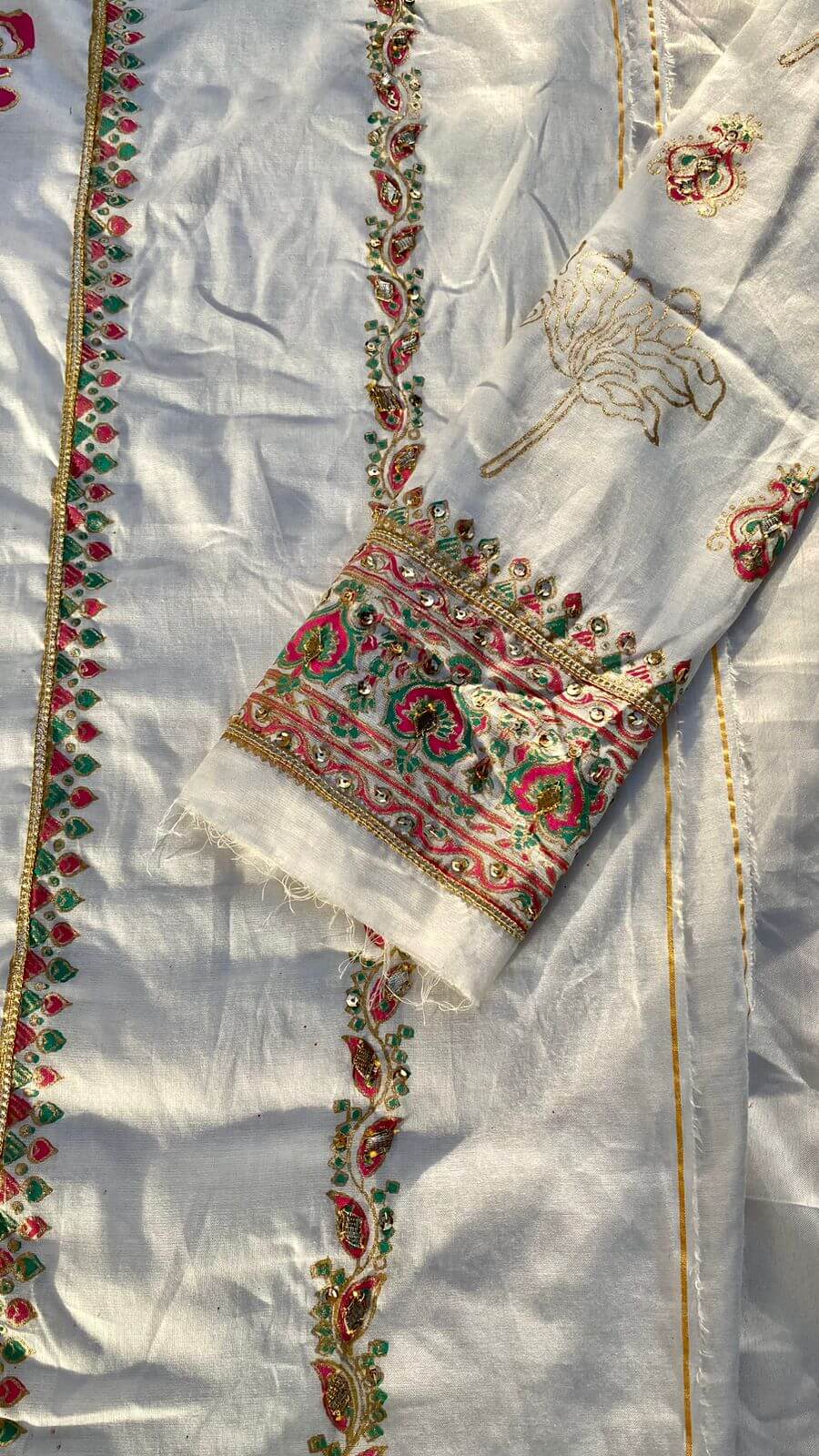 Off-White Embellished  Cotton-Lawn Suit With Pink Dupatta