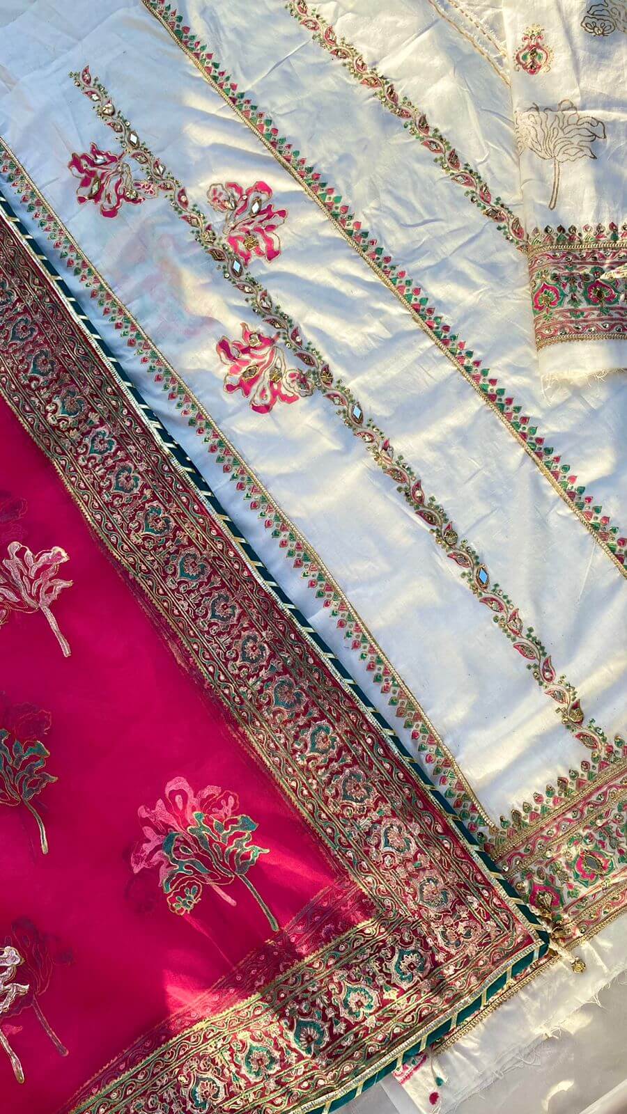 Off-White Embellished  Cotton-Lawn Suit With Pink Dupatta