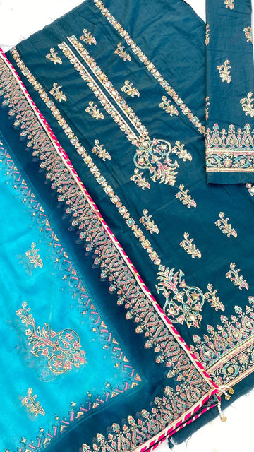 Zinc Blue Embellished  Cotton-Lawn Suit With Two-Shaded Dupatta