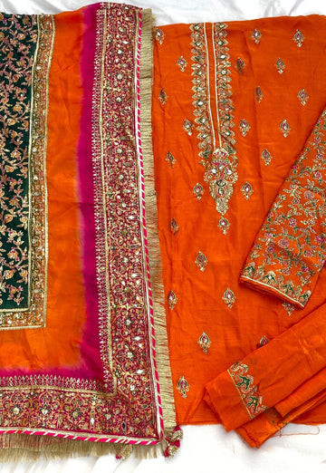 Orange with Multi Dupatta Raw Silk Set