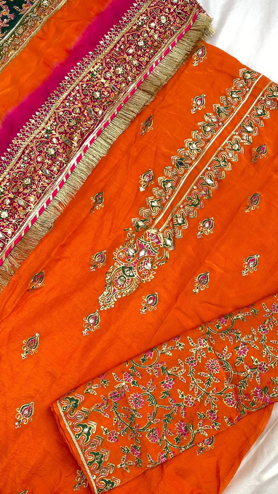 Orange with Multi Dupatta Raw Silk Set