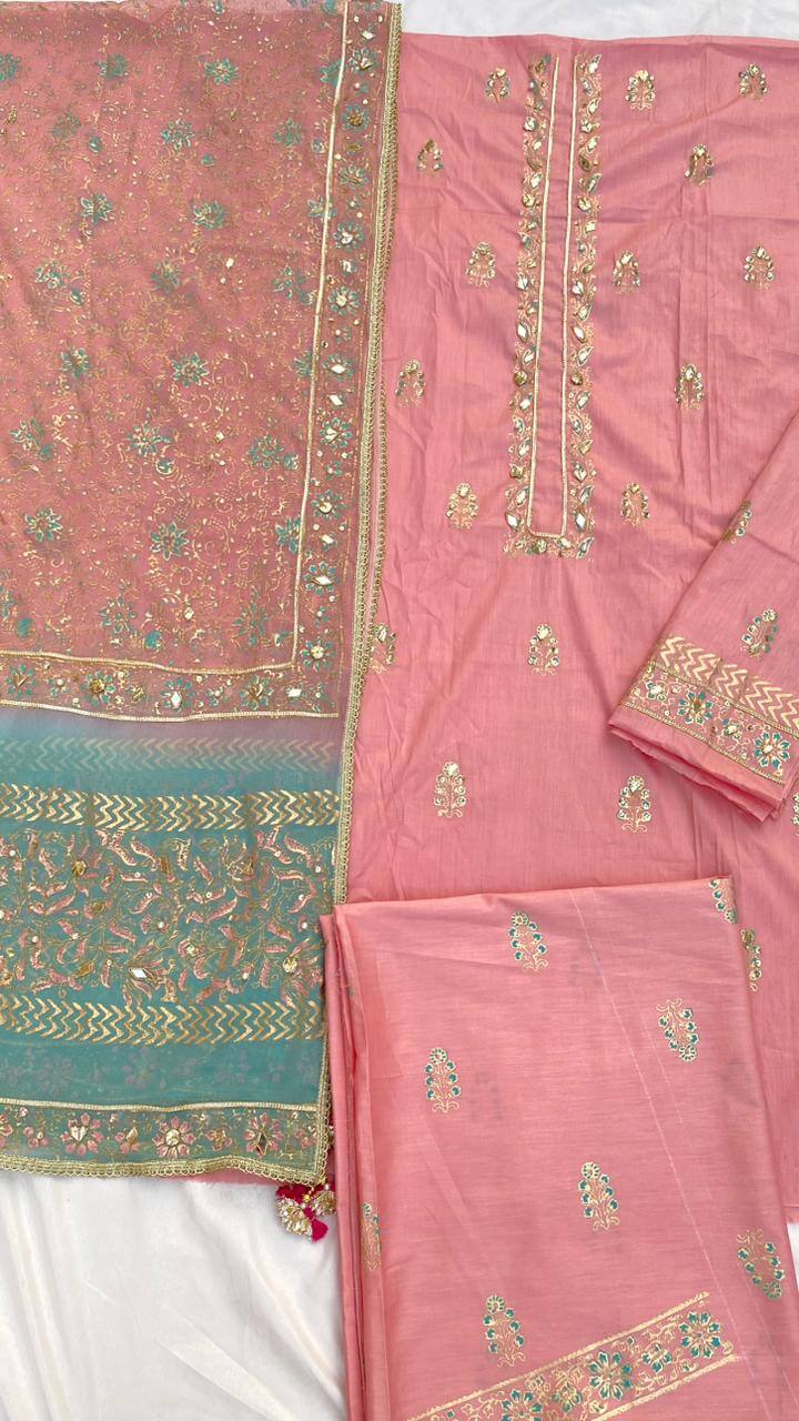 Unstitched Sweet Pink Pure Lawn Sharara Pants Suit With Two-Shaded Dupatta