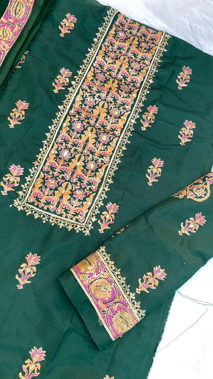 Bottle Green Embellished Katan Silk Suit