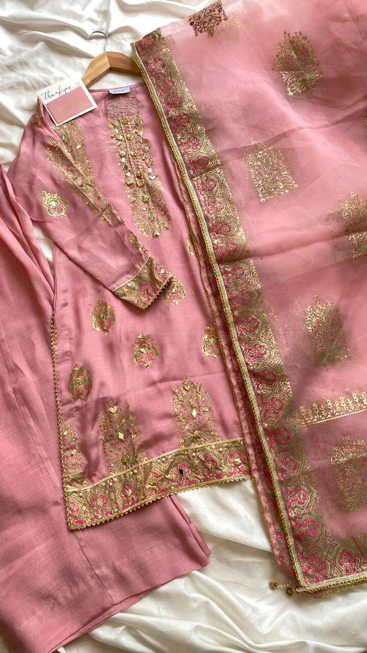 Stitched Pearl Pink Embellished Raw Silk Suit With Culottes