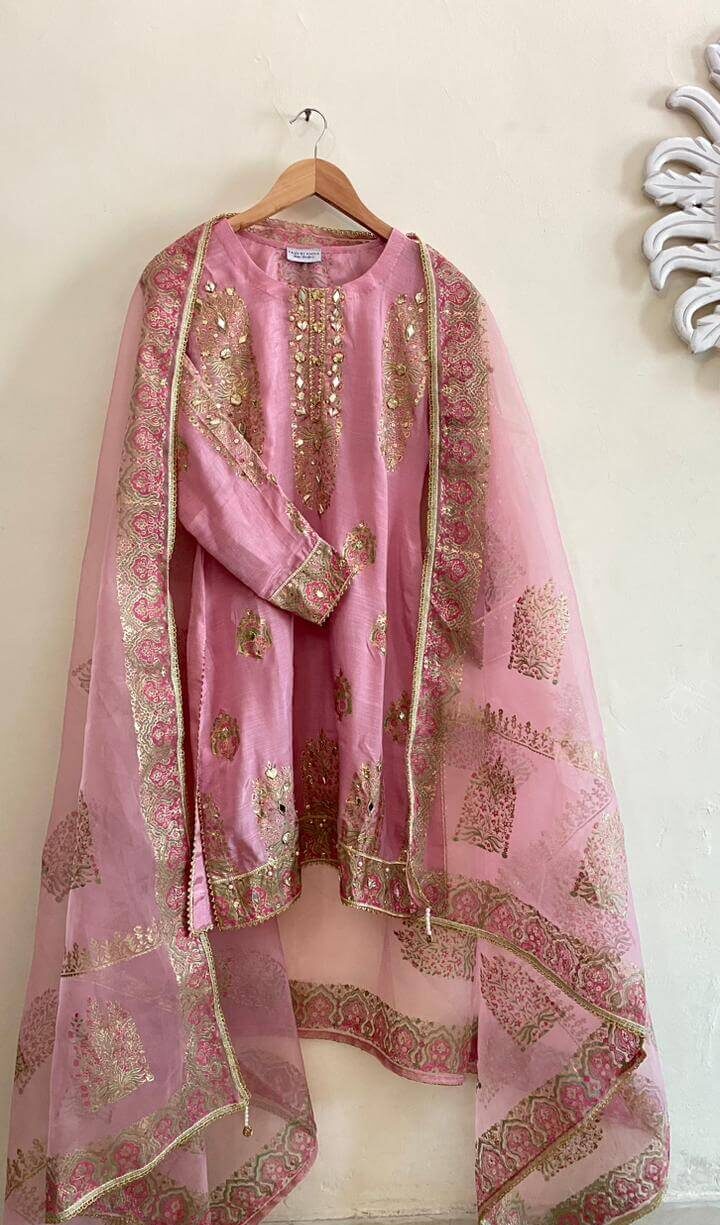 Stitched Pearl Pink Embellished Raw Silk Suit With Culottes