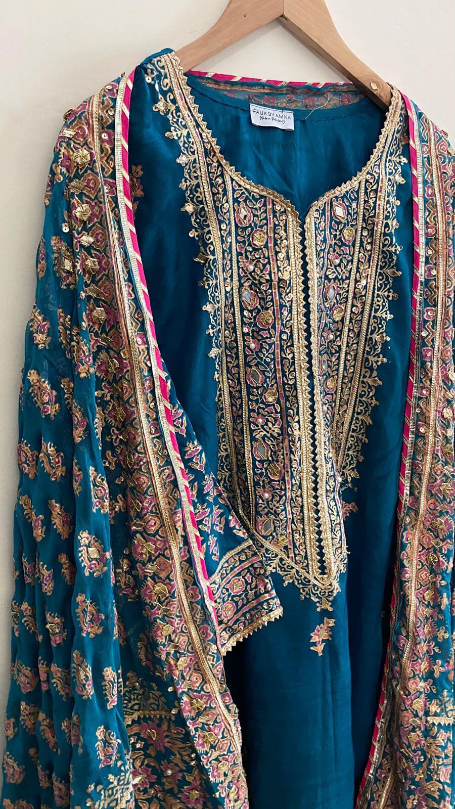 Stitched Teal Blue Embellished Raw Silk Suit