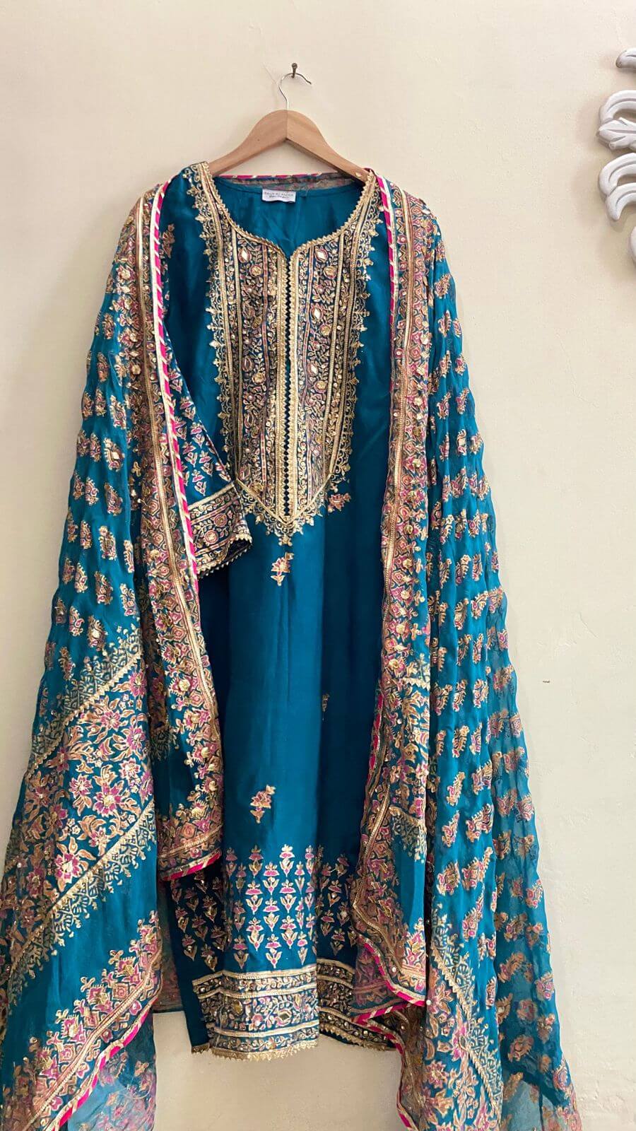 Stitched Teal Blue Embellished Raw Silk Suit