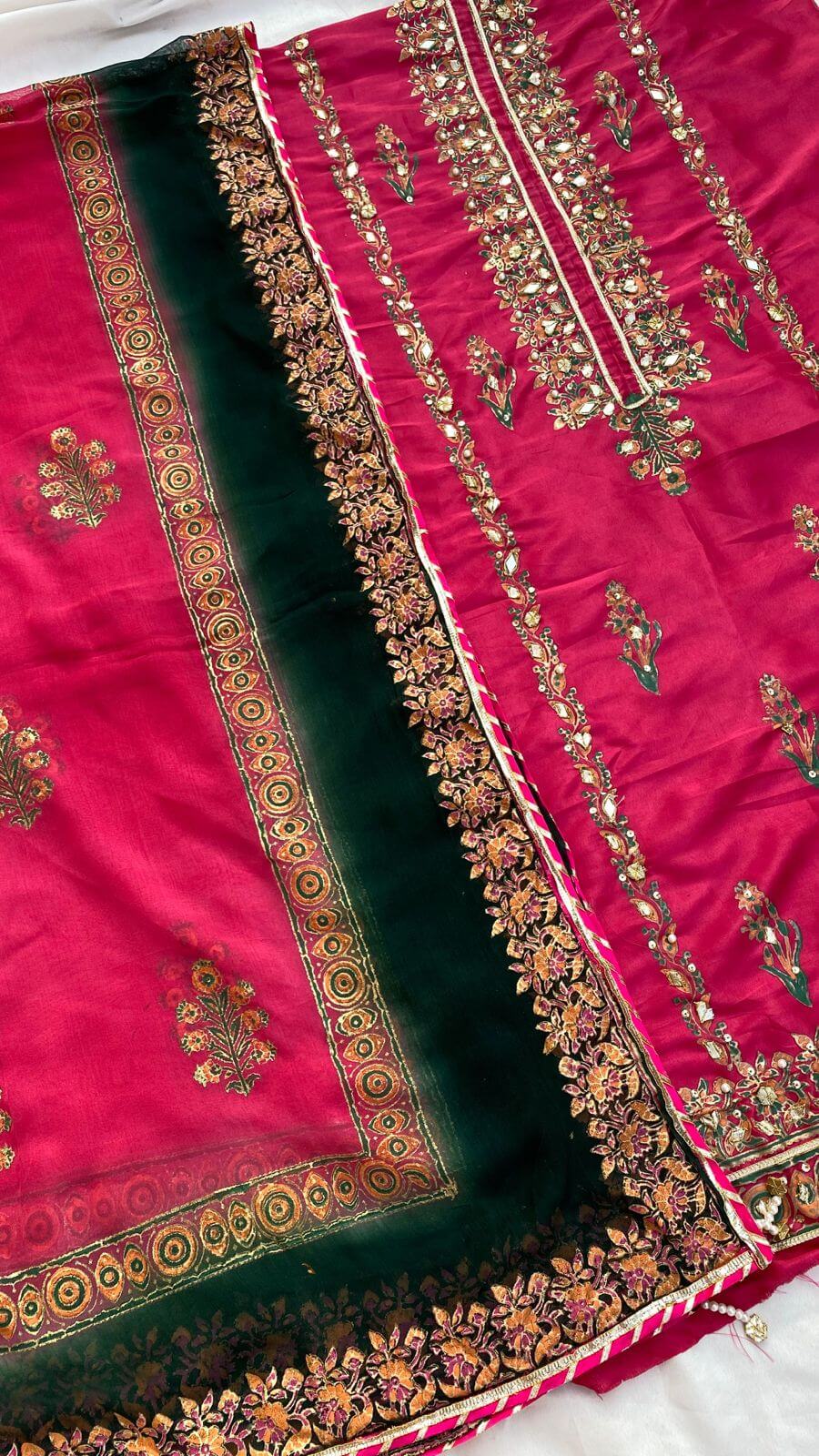 Shocking Pink Embellished Katan Silk/Raw Silk Set With Two-Shaded Dupatta