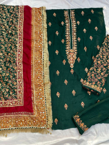 Bottle-Green with Multi Dupatta Raw Silk Set