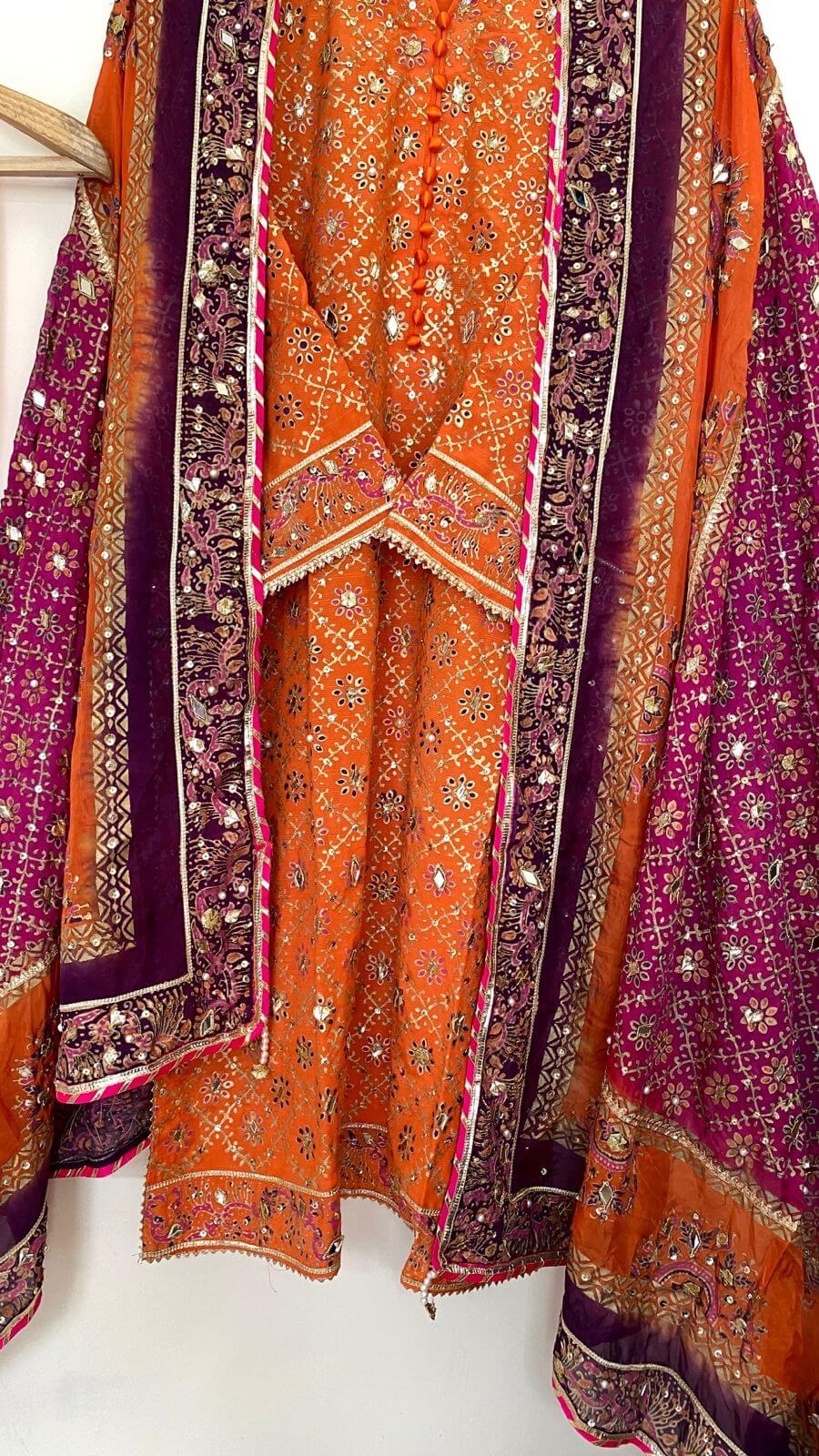 Stitched Burnt Orange & Three Shaded Dupatta Raw Silk Suit