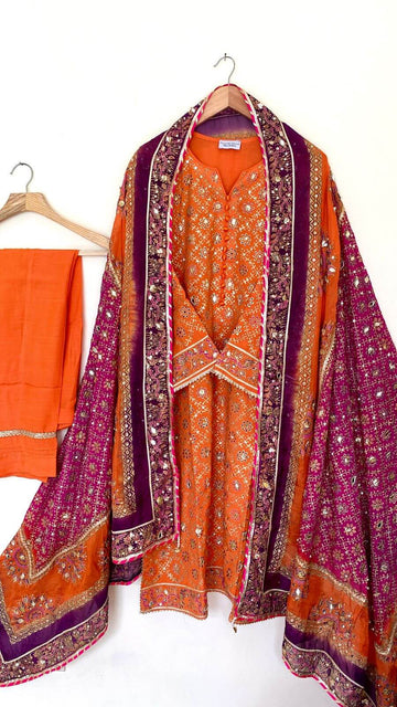 Stitched Burnt Orange & Three Shaded Dupatta Raw Silk Suit