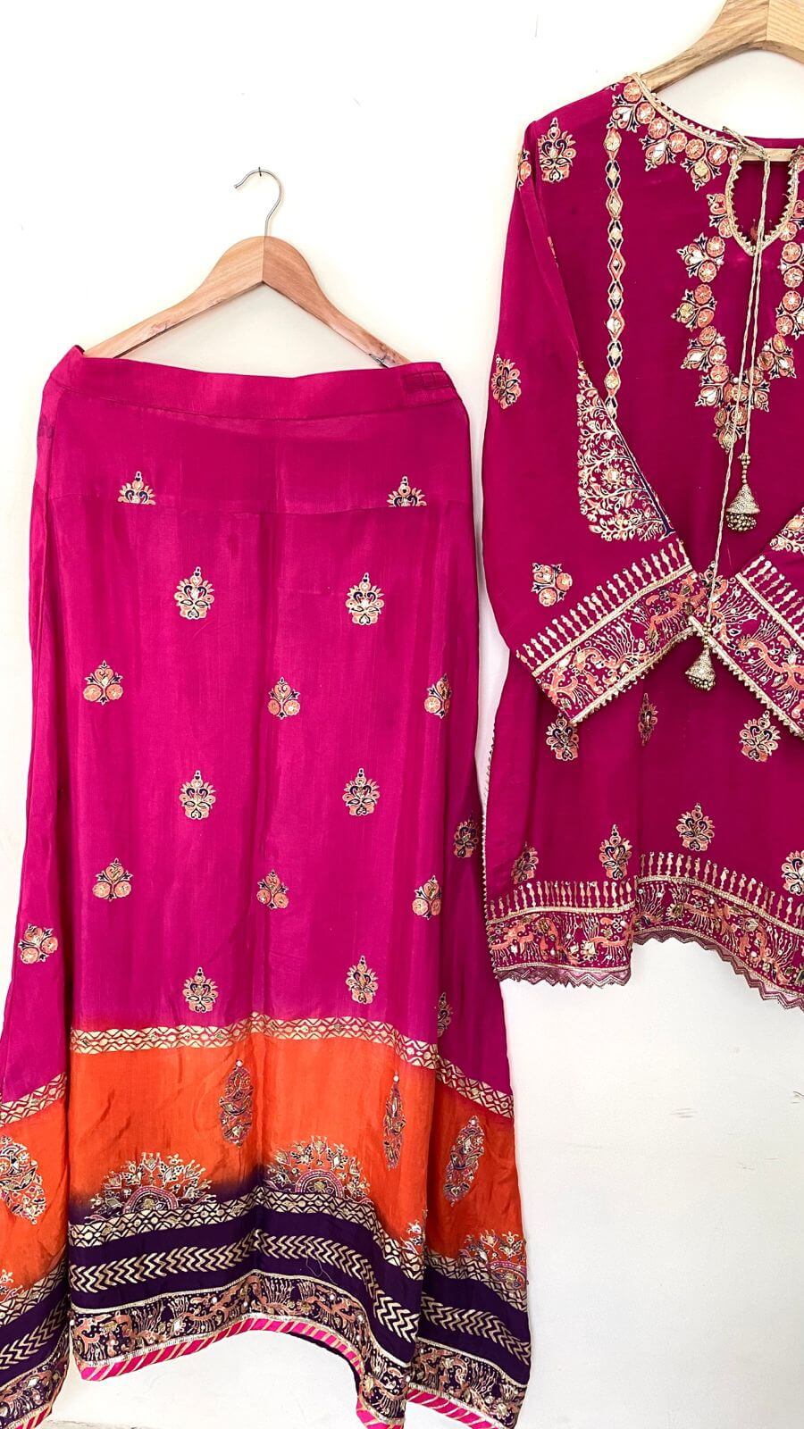 Stitched Pink & Three Shaded Raw Silk Lehenga