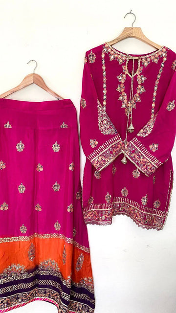 Stitched Pink & Three Shaded Raw Silk Lehenga