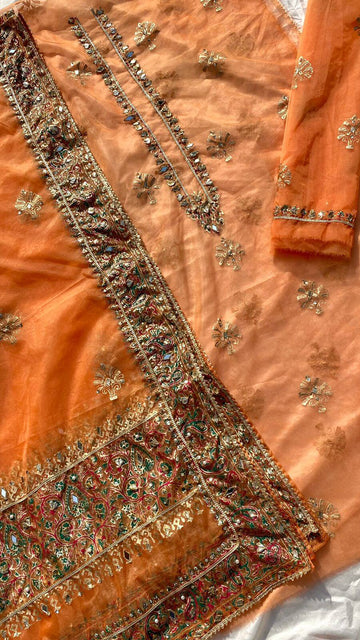 Light Orange Pure Organza Embellished Shirt & Embellished Dupatta