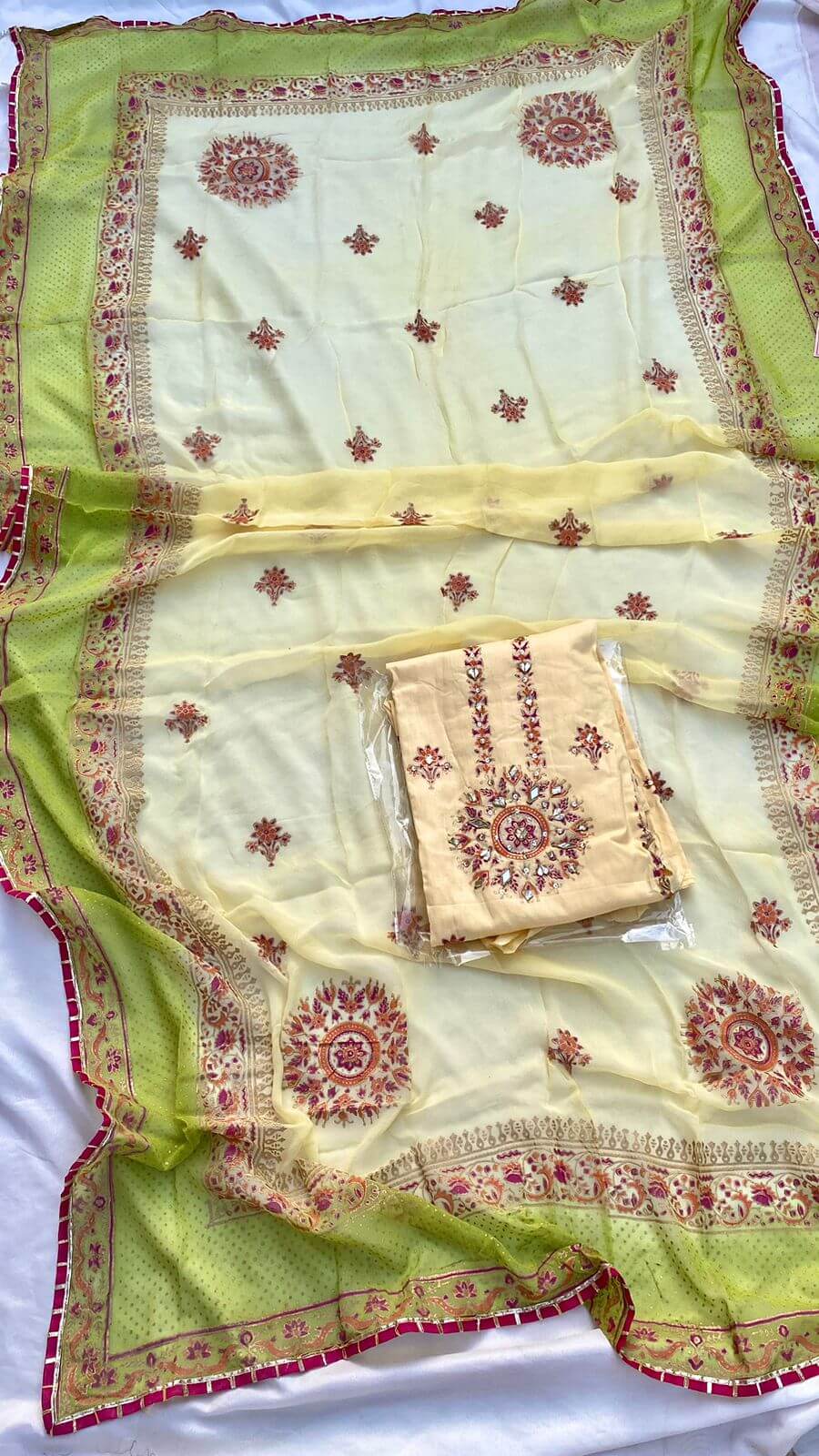 Lime Yellow Embellished Cotton-Lawn Suit With Two-Shaded Dupatta