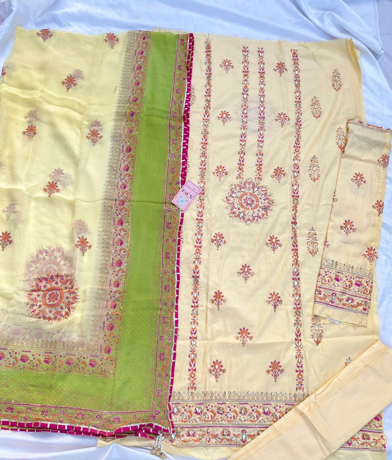 Lime Yellow Embellished Cotton-Lawn Suit With Two-Shaded Dupatta