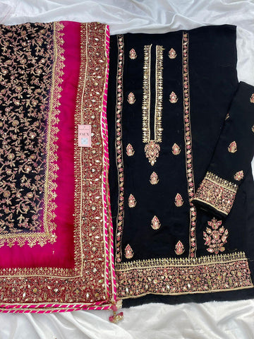 Black with Multi Dupatta Raw Silk Set