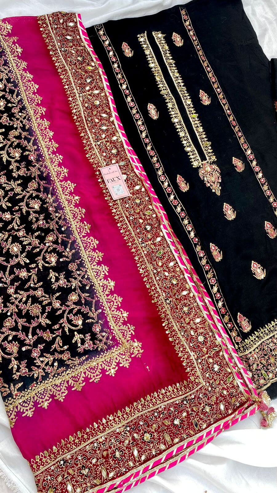 Black with Multi Dupatta Raw Silk Set