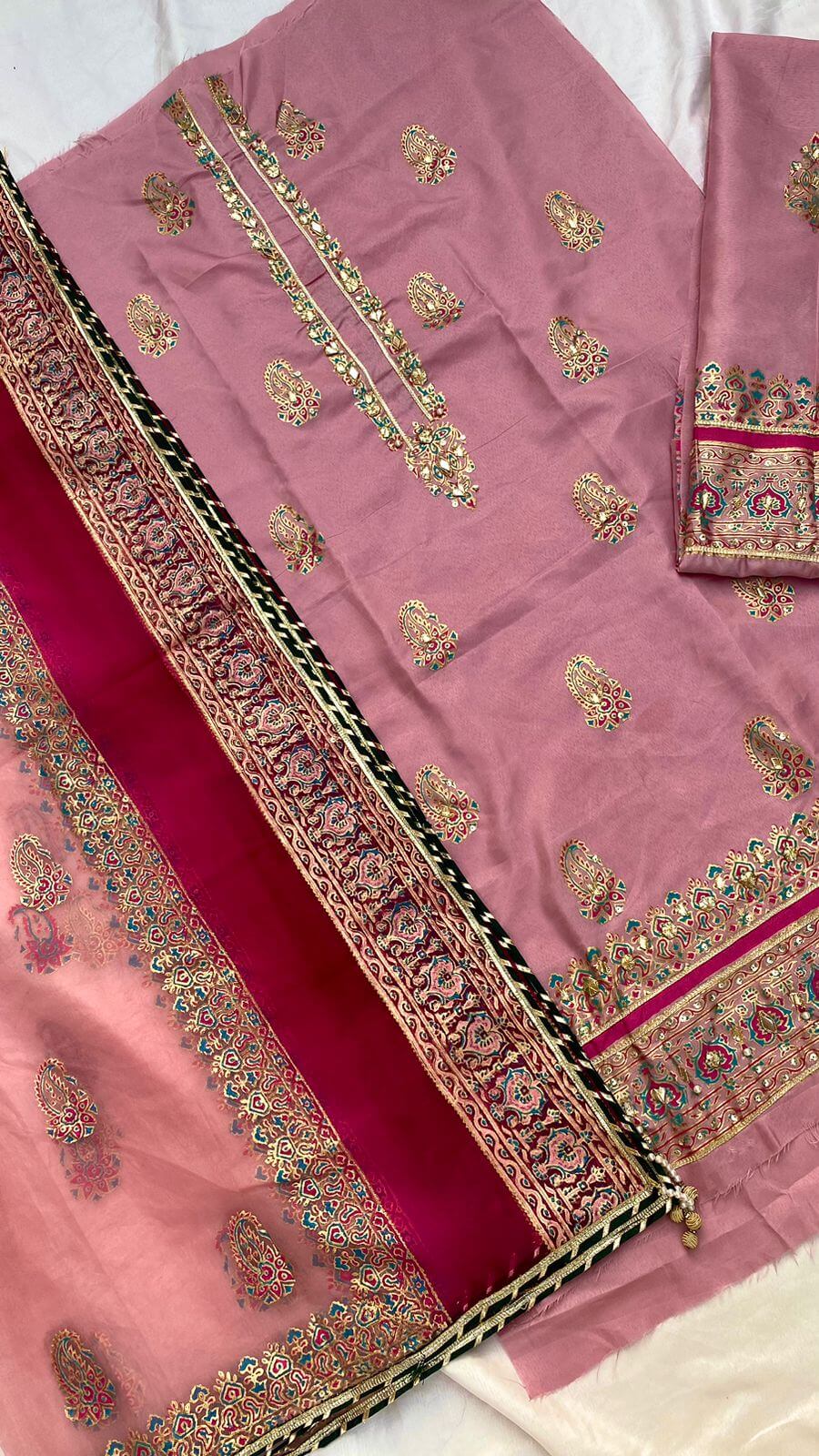 Kobi Pink Double Shaded Embellished Katan Silk Suit