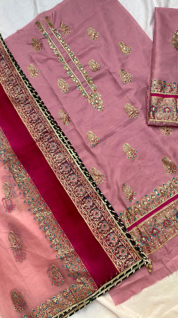 Kobi Pink Double Shaded Embellished Katan Silk Suit