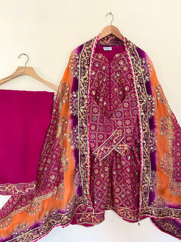 Stitched Rouge Pink & Three Shaded Dupatta Raw Silk Suit